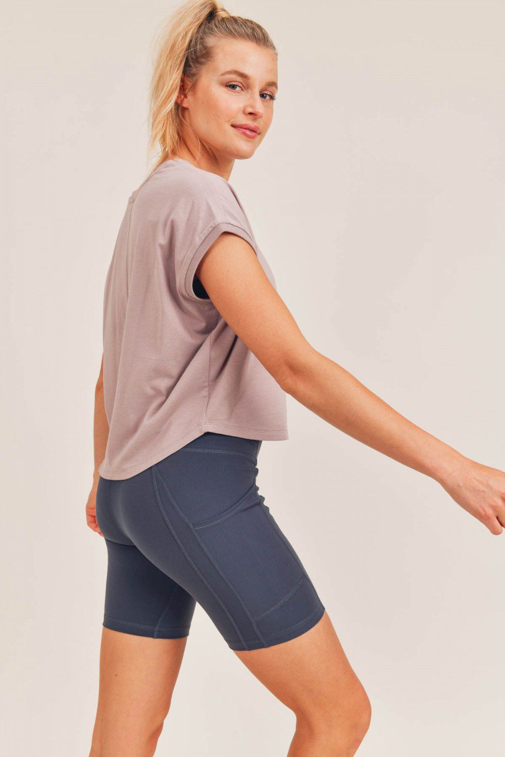 Ribbed Hem Boxy Crop Top With Short Dolman Sleeves- side