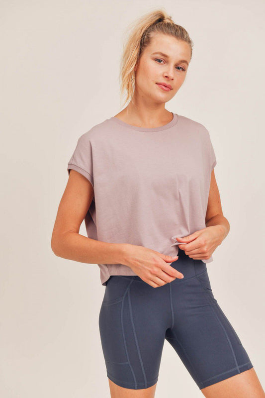 Ribbed Hem Boxy Crop Top With Short Dolman Sleeves- Front