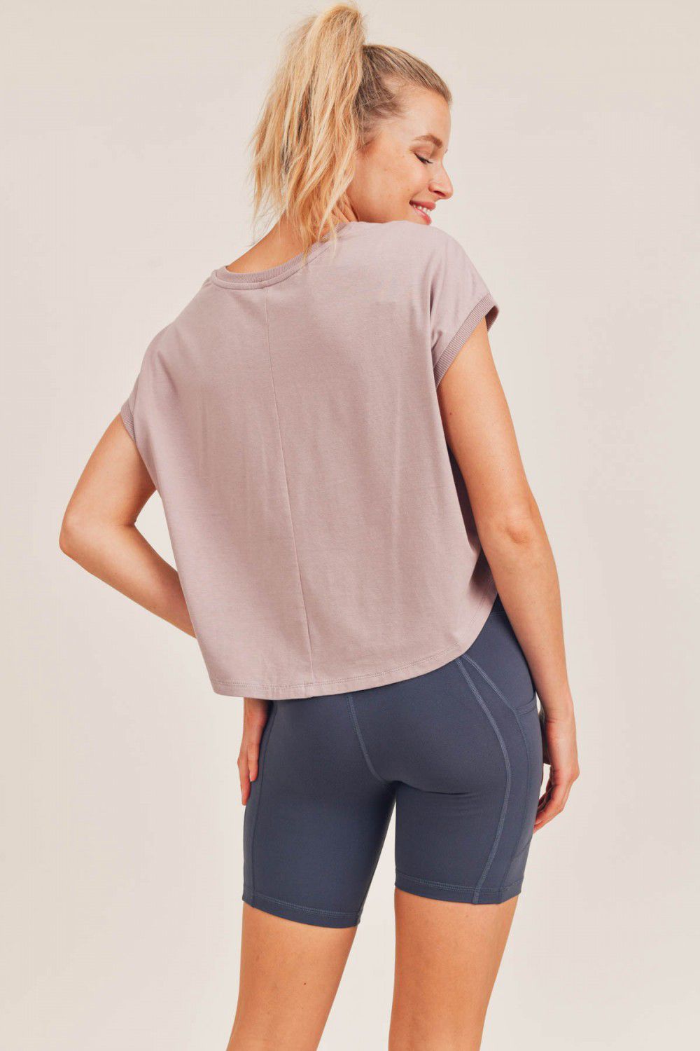 Ribbed Hem Boxy Crop Top With Short Dolman Sleeves- back